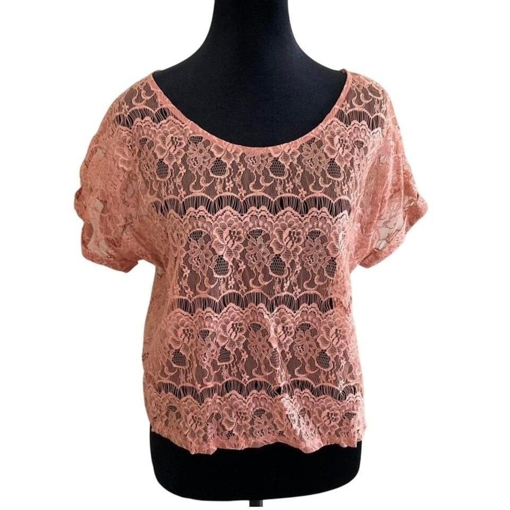 Forever 21‎ Terracotta Floral Lace Sheer Short Sleeve Sz S Crop Top Boho Y2K